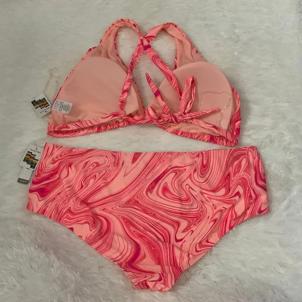 Time and Tru Mid Rise Cheeky Fit Pink Swirl/Marble Bikini - Size 2X NEW‎